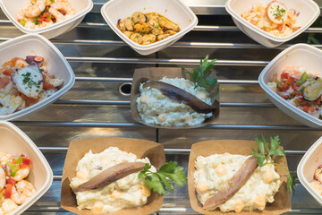 Dishes prepared above the bar of a restaurant