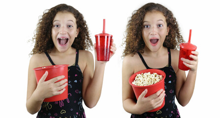 girl in studio super happy with popcorn and soda in glass watching movie session with white...