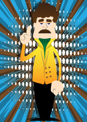 Funny cartoon man dressed for winter making a point. Vector illustration.