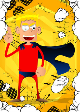 Funny cartoon man dressed as a superhero making a point. Vector illustration.