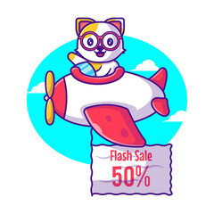 A cat riding airplane with Discount Coupon Cartoon Illustration. Animal and Flash sale Flat cartoon Style Concept