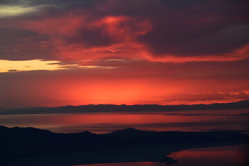 Sunset over the Great Salt Lake, aerial view