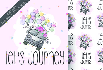 Cute illustration car flying seamless pattern: can be used for cards, invitations, baby shower, posters; with white isolated background

