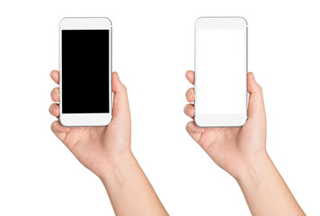 Woman hand holding smartphone with black and white screen isolated on white background.