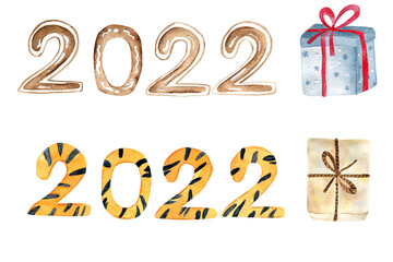 Watercolor 2022 illustrations for New year and Christmas decor and design. 