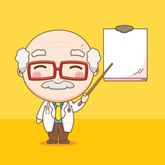 Cute old doctor pointing empty paper chibi character illustration