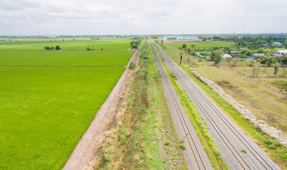 Fototapeta na wymiar Aerial view from flying drone of railroad tracks 