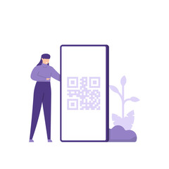 illustration of a person standing next to a QR code. the concept of scanning QR code, identification. payment media and information. flat cartoon design. vector design