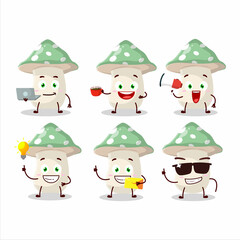 Fototapeta premium Green amanita cartoon character with various types of business emoticons