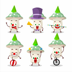 Cartoon character of green amanita with various circus shows