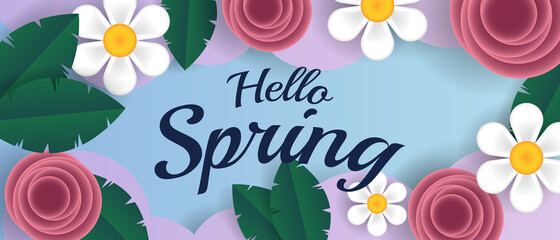 hello spring background with colorful flower and leaves © aditya