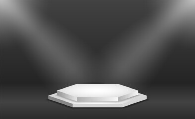Mockup of blank template layout of stage illuminated by spotlights. 3d render illustration. Scene is empty to place your text, logo or object.