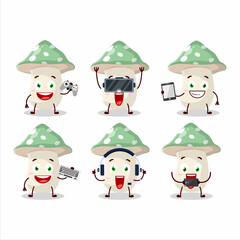 Fototapeta premium Green amanita cartoon character are playing games with various cute emoticons