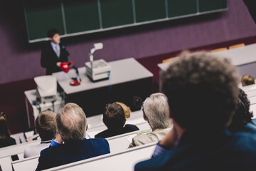 Professor giving presentation in lecture hall at university.