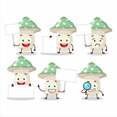Green amanita cartoon character bring information board