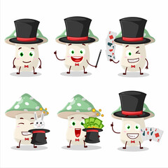 A green amanita Magician cartoon character perform on a stage