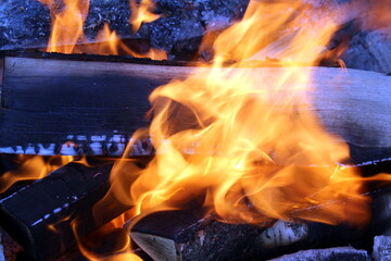Blurred photo. Firewood burns with open fire.