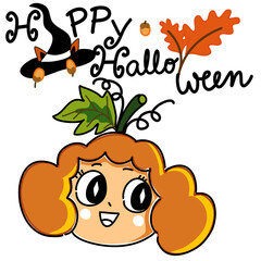 Happy Halloween cute pumpkin girl with witches hat cartoon card and banner hand drawn vector