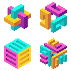 Fototapeta na wymiar Set of illusory cubes made of blocks. The isometric cube turns in different angles. Math objects with mental tricks. Brain optical illusion. Symbol with three-dimensional effect.