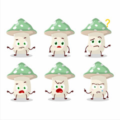Cartoon character of green amanita with what expression