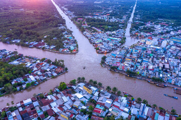 Ariel above Nga Bay city in Mekong delta
