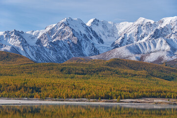 Altai lake Dzhangyskol on mountain plateau Eshtykel. Altai, Siberia, Russia