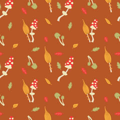 Autumn mushrooms with colorful leaves. Seamless illustration with amanita and toadstools. Fabric, background or wallpaper.