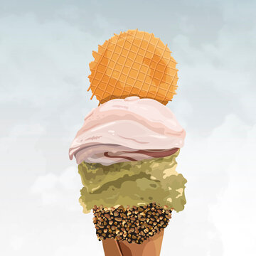 Ice cream with a wafer topping in the summer