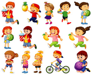 Children doing different activities cartoon character set on white background