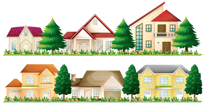 Set of suburban houses on white background