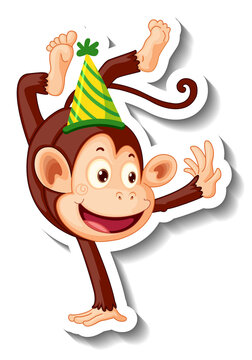 A sticker template with a monkey wearing party hat
