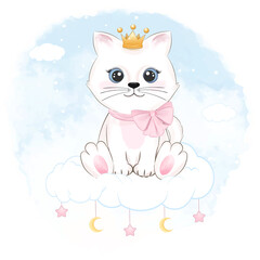 Cute little cat sitting on the cloud blue watercolor background