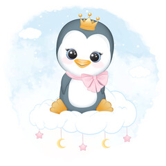 Cute little penguin sitting on the cloud, watercolor background