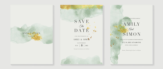 Fototapeta na wymiar Green emerald and gold texture watercolor wedding invitation vector set. Luxury background and template layout design for invite card, luxury invitation card and cover template.