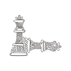 Fototapeta na wymiar Single one line drawing figures of wooden chess on chessboard. King, queen of opposing team's. Composition for tourney. Swirl curl style. Modern continuous line draw design graphic vector illustration