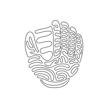 Continuous one line drawing baseball leather glove for championship promotion. Baseball tournament. Team sport league banner. Swirl curl style. Single line draw design vector graphic illustration