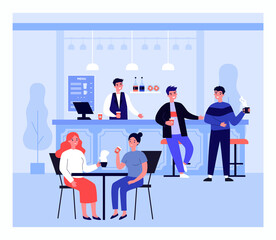 Young people resting in coffee shop, view from hall. Flat vector illustration. Barista serving girls, guys, standing at bar, sitting at tables and drinking hot drinks. Lunch, cafe, tea, break concept