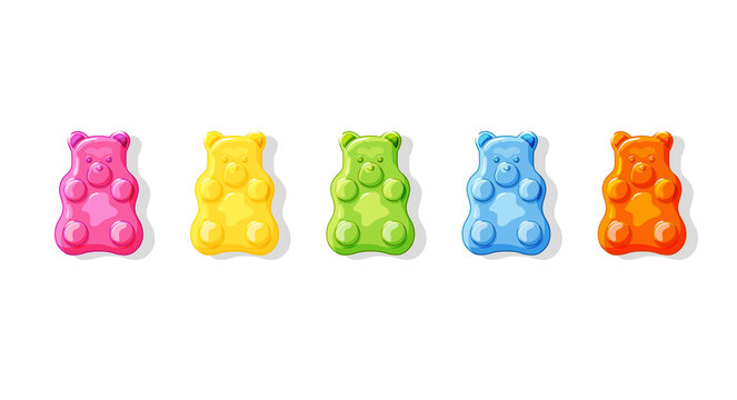 Gummy bears set on a white isolated background. Multi-colored Sweet jelly candies. Cartoon vector illustration of vitamins.