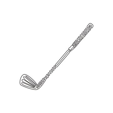 Continuous one line drawing golf stick. Golf club, wood no 1, driver, 1-wood, club for T-Off. Golf equipment. Outdoor sports. Swirl curl style. Single line draw design vector graphic illustration
