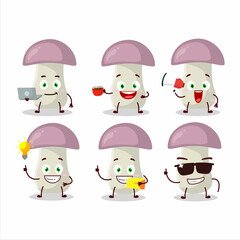 Rough mushroom cartoon character with various types of business emoticons