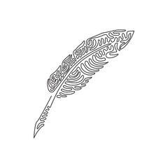 Single one line drawing vintage Feather quill pen logo with black ink stroke, scratch icon, classic stationery illustration. Swirl curl style. Continuous line draw design graphic vector illustration