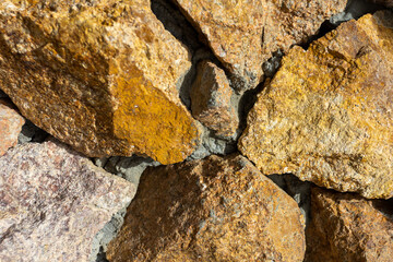 Stone wall backgrounds for working design, various solutions and structures, top angle, close-up.