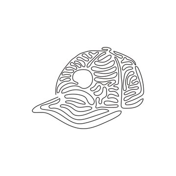 Continuous one line drawing Black Baseball Cap as a sports symbol. Unisex Outdoor Sport Baseball, Golf, Tennis, Uniform Cap Hat. Swirl curl style. Single line draw design vector graphic illustration