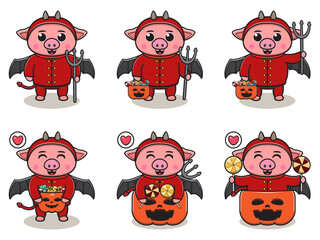 Vector illustration of cute Pig with Devil costume. Pig character vector design. Good for label, sticker, clipart.