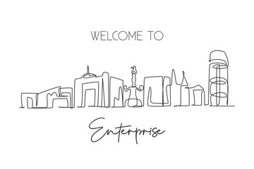 Fototapeta premium Continuous one line drawing Enterprise city skyline, Alabama. Beautiful landmark. World landscape tourism travel wall decor poster print art. Stylish single line draw design vector illustration