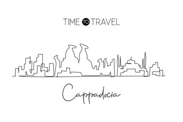 Continuous one line drawing Cappadocia city skyline, Turkey. Beautiful landmark artwork. World landscape tourism travel wall decor poster print art. Stylish single line draw design vector illustration