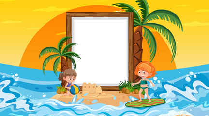 Empty banner template with kids on vacation at the beach sunset scene