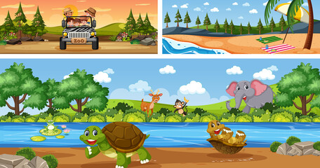 Set of different outdoor panoramic landscape scenes with cartoon character