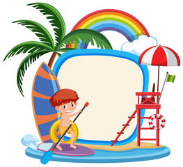 Blank banner template with many kids on summer vacation at the beach isolated