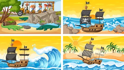 Schilderijen op glas Set of different scenes with animals in the zoo and pirate ship at the sea © brgfx
